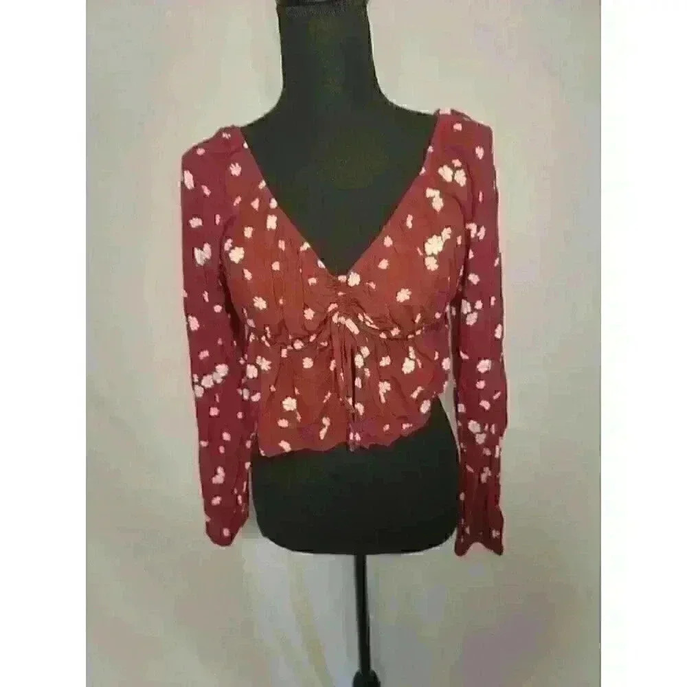LA Hearts Burgundy Floral Teen Crop Top Long Sleeve SIZE M